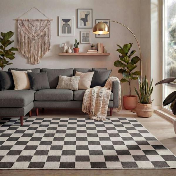 Loft Checkerboard Dark Grey Rug Easy to hoover.