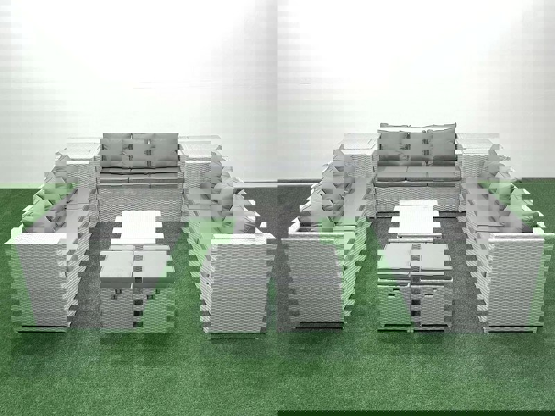 Fimous Rattan Garden Outdoor Furniture Set 11 Seater Rattan Garden Sofa Set with 2 Small Footstool 2 Side Tables Light Grey Mixed
