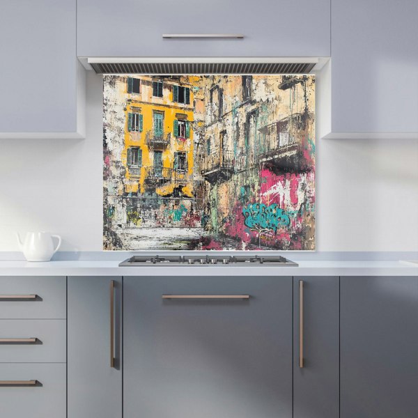 Warren Reed Colourful City Buildings Graffiti Glass Kitchen Splashback - 00014