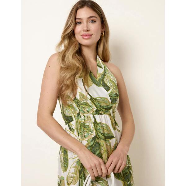 Blue Vanilla Leaf Print Halter Neck Dress