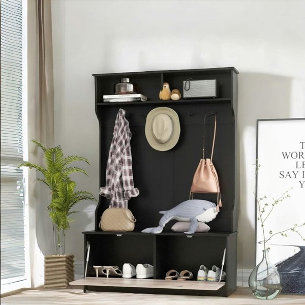 Rafaelo Mobilia 160CM Tall Hall Tree Coat Stand With Shoe Rack And Storage Shelves Black