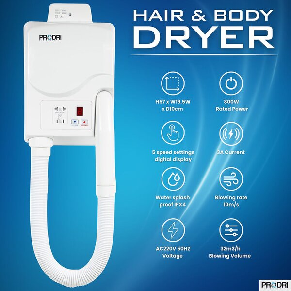 ProWashroom MYLEK Digital Body & Hair Dryers Wall-Mounted Hair Dryer with Shaver Sockets 5 Heat Settings