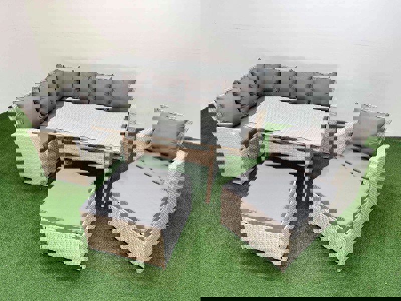 Fimous 9 Seater Rattan Garden Furniture Set Outdoor Patio Dining Corner Sofa Sets with Dining Table Chair 2 Big Footstools Light Grey Mixed