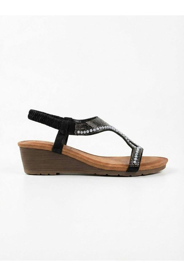 Violet Beaded Lattice Wedge Sandals - Black