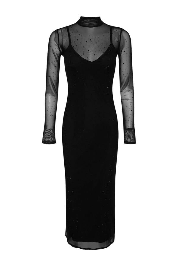WOVCOR Black Tulle Evening Dress with Shiny Stones