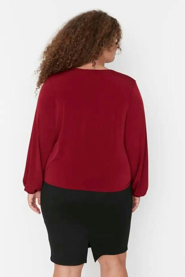 WOVCOR Balloon Sleeve Wrap Collar Knitted Blouse