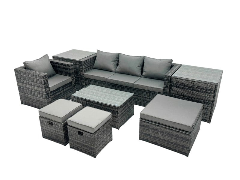 Fimous Outdoor Coffee Table Sofa Armchair Set with 2 Side Tables Big Stool 2 Small Footstools Garden Furniture Set Dark Grey Mixed