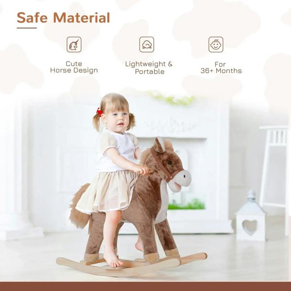 Brown plush rocking horse with white muzzle and wooden rocker base, child riding