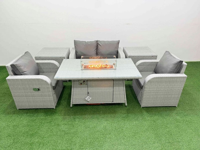 Fimous Light Grey PE Wicker Rattan Garden Furniture Set Sofa Set Reclining Chair Fire Pit Dining Table 4 Seater With 2 Side Table