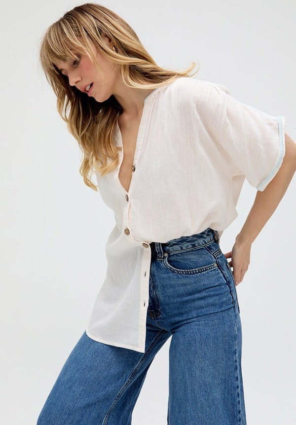Raffya Juneeta Crop Sleeve Button Down Shirt - Cream