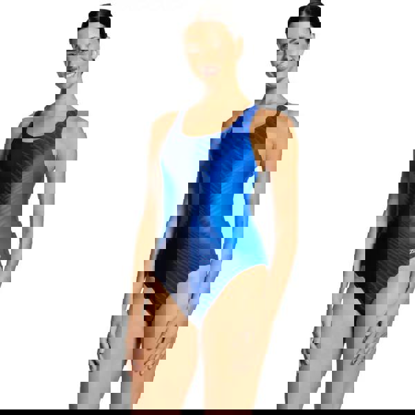 Zoggs Spinal Powerback blue swimsuit with abstract pattern and UPF50+