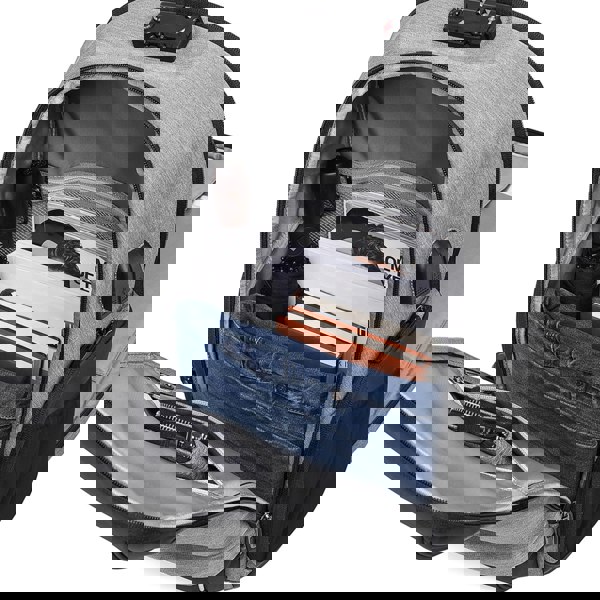 Gray backpack with compartments open, showing items inside on a white background best travel laptop backpack multi-functional