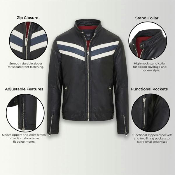 Infinity Leather Mens Black Café Racer Biker Leather Jacket - Aniak