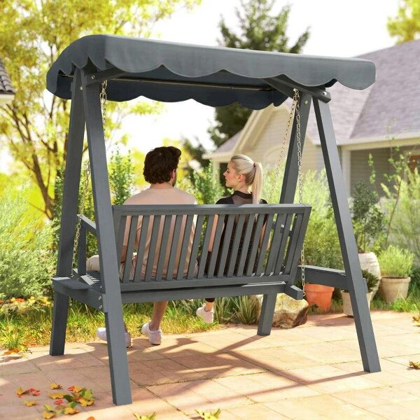 2 Seater Garden Swing Seat with Canopy, Wooden Swing Chair, Outdoor Hammock Bench for Balcony Patio Porch, Grey