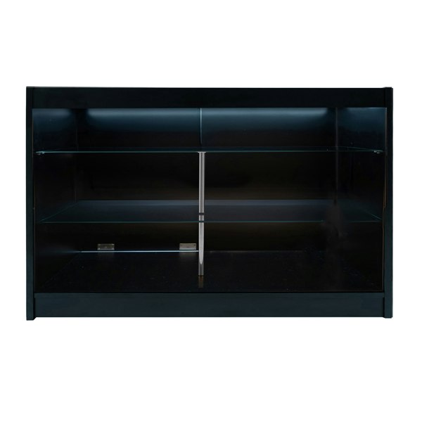 Sleek black LED retail shop counter K1500 with glass shelves, modern design, and illuminated interior for product display