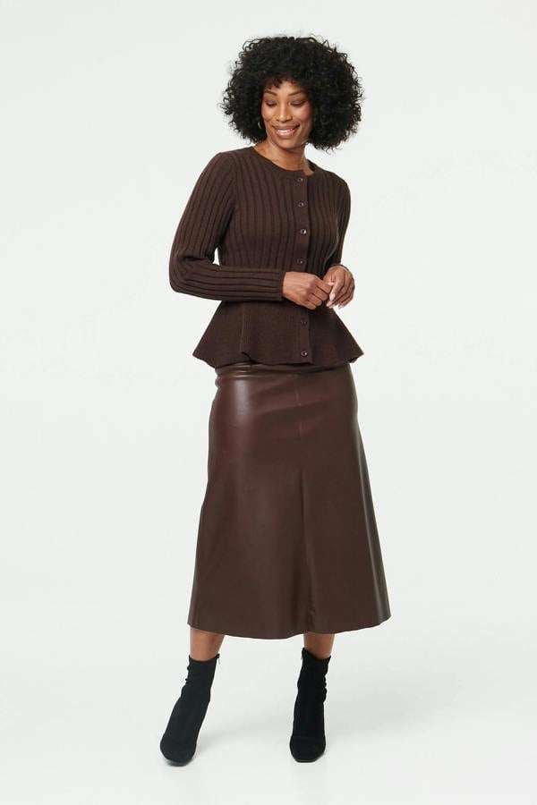 Brown | Striped Texture Buttoned Peplum Cardigan