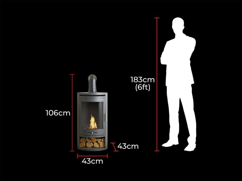 OKO S5 Bio Ethanol Cylinder Stove with Log Storage in Charcoal Grey & Angled Stove Pipe
