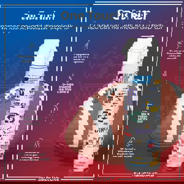 A water bottle, featuring numerous NFL team logos, rests next to an American football. Its flip top opens one-handed with a simple click; it is 100% leakproof and offers triple lock security. SLIM RECYCLON™ is printed below.