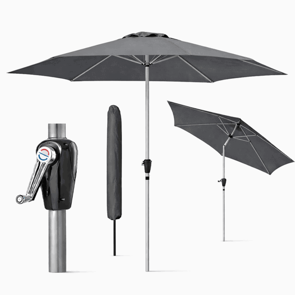 GlamHaus Tilting Garden Parasol Table Umbrella 2.7M with Crank Handle, UV40 Protection, Free Protection Cover - Dark Grey