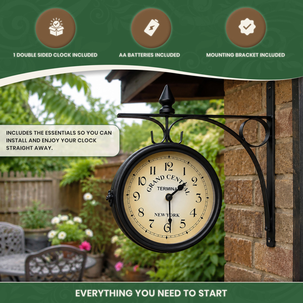 Double Sided Garden Clock in Black Metal with Mounting Bracket