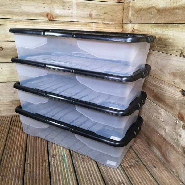 Samuel Alexander 4 x 42L Clear Under Bed Storage Box with Black Lid, Stackable and Nestable Design Storage Solution