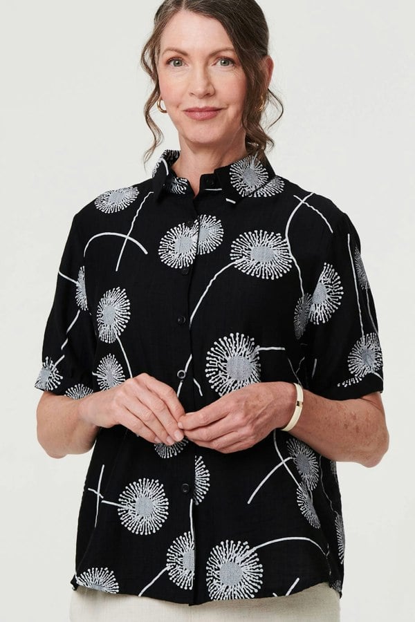 Black | Printed 1/2 Sleeve Button-Up Shirt
