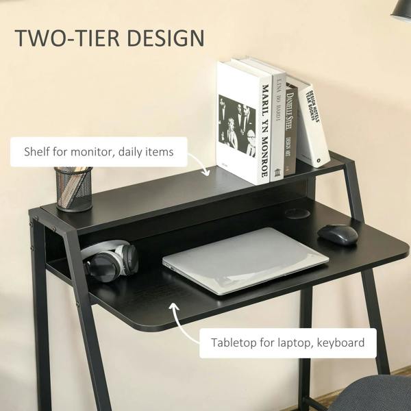 Black two-tier desk with monitor shelf and tabletop for laptop and keyboard