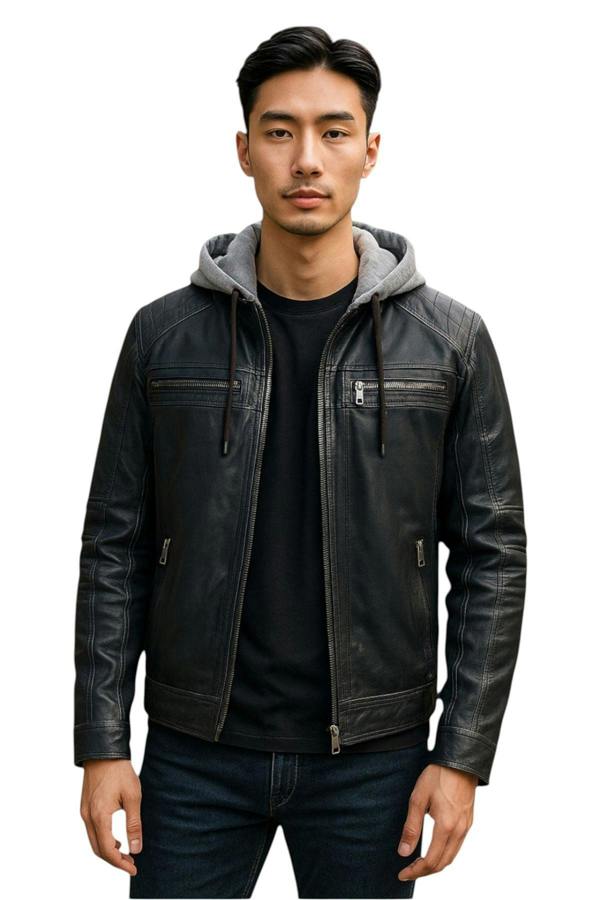 Infinity Leather Men's Hooded Biker Lamb Leather Jacket - Burten
