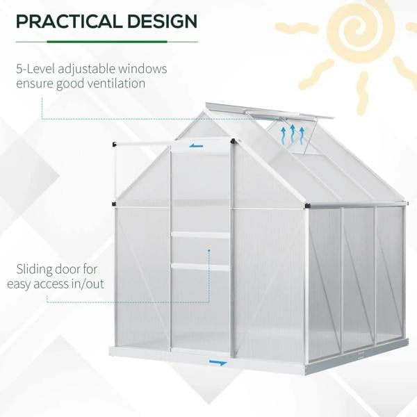 Walk-in greenhouse with sliding door and vent windows, clear polycarbonate panels