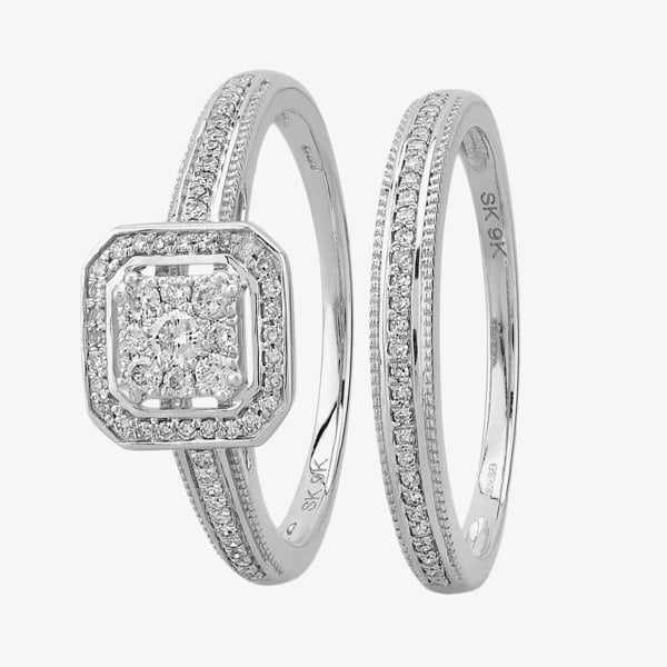 T. H. Baker 9ct White Gold 0.33ct Diamond Square Cluster Bridal Set TH011701R