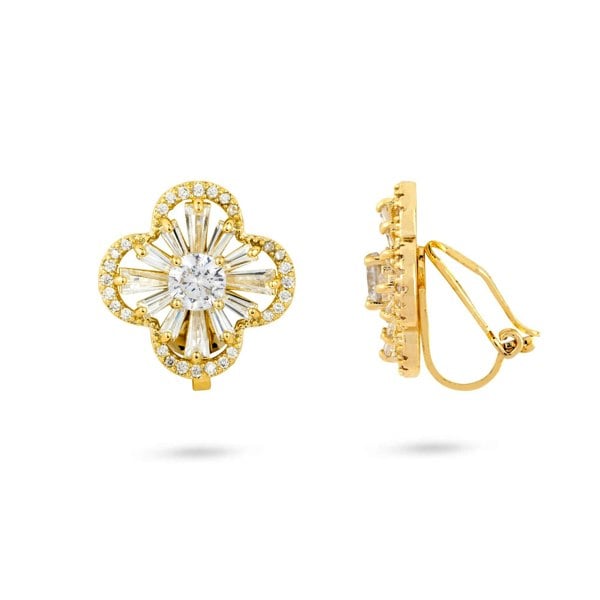 Gold Trip Clover Flower Clip On Earrings