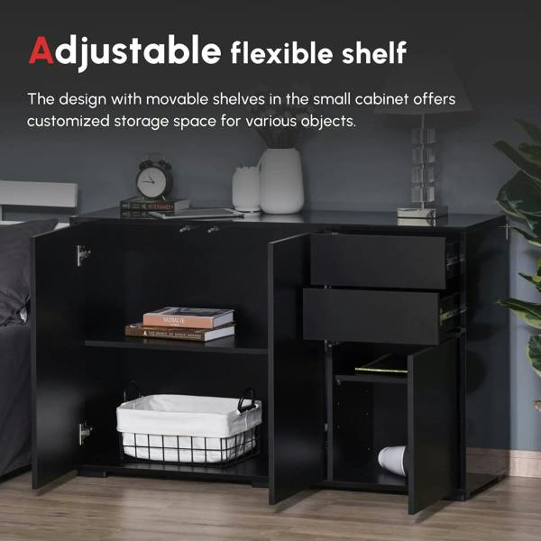 Black side cabinet with open compartments and adjustable shelf, two-door storage