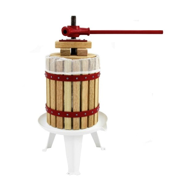 KuKoo 12 litre fruit press with wooden slats, red metal accents, and a sturdy white base, ideal for juicing fruits at home