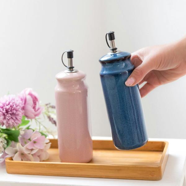 Scandi Home Ceramic Oil & Vinegar Bottles, Set of 2, Pink & Blue Reactive Glaze
