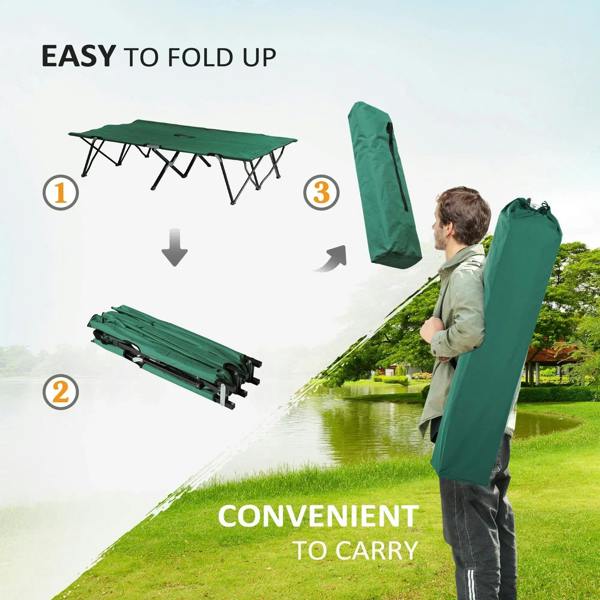 Green double camping cot bed with easy-fold design and carry bag