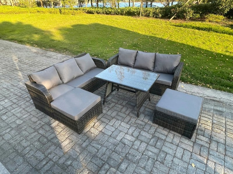 Fimous Garden Furniture Sofa Set Rectangular Dining Table 2 Big Footstool Indoor Outdoor 8 Seater Rattan Set Dark Grey Mixed