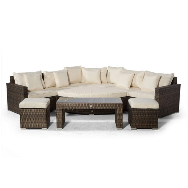 Giardino Santorini L Shape Modular 5 Seat Rattan Corner Sofa Set With Daybed Ottoman, Large Coffee Table & 2 Stools