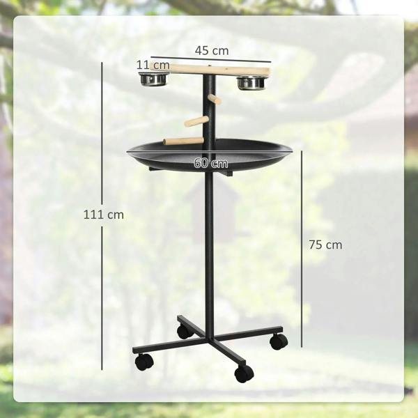 Black metal bird perch station with round tray, wooden bars, stainless bowls, and wheeled base
