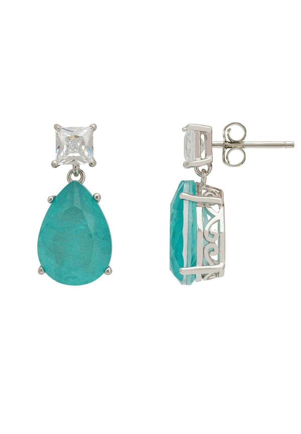 Pair of earrings with blue gemstones and silver accents on a white background