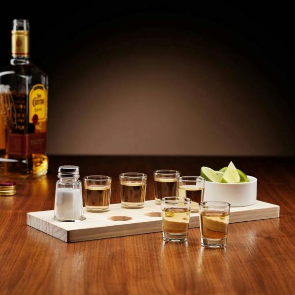 A rustic pine wood tequila serving tray holding six shot glasses, a glass salt shaker, and a white ceramic bowl filled with fresh lime wedges.