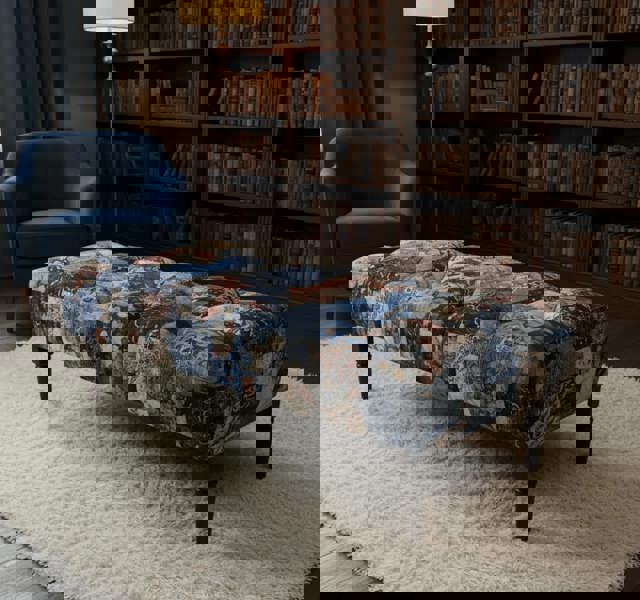 Demask patterned upholstered footstool ottoman bench in UK living room - ISTOOLS