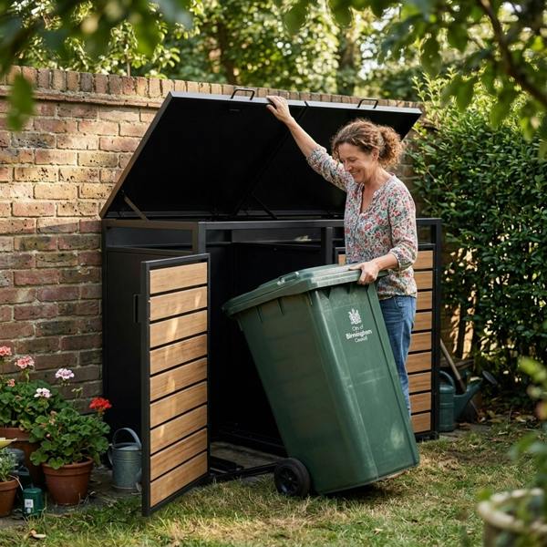 Nicoman Outdoor Metal Garbage Bin Shed with Wood Effect Doors