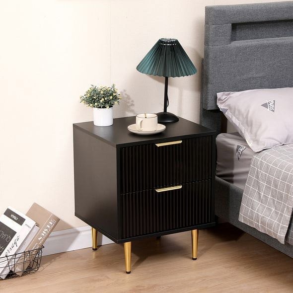 MMT Furniture Designs Bedside Table, 2 Drawers, White/Black with Gold Legs, 42cm Wide Chest