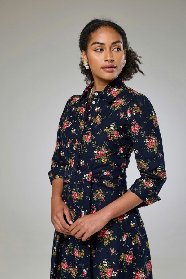 Isha's Timeless collection Navy Flora Cord Long Sleeve Dress