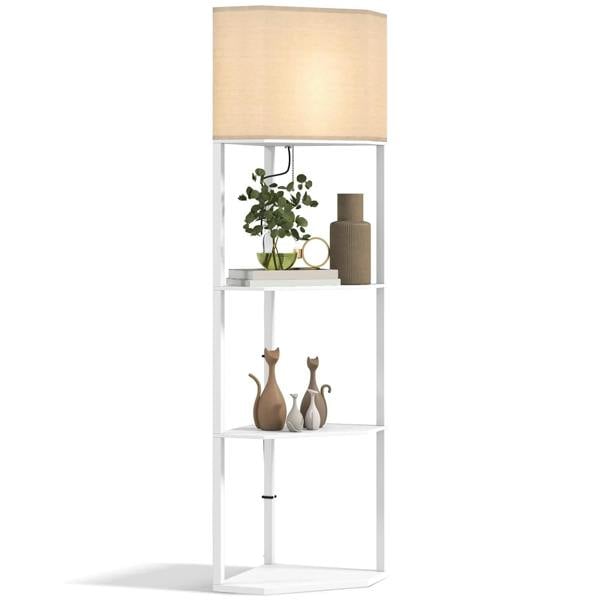 Three-shelf corner floor lamp with white frame and beige fabric shade