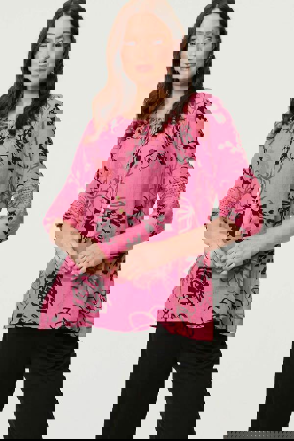 Fuschia | Abstract Floral Ruched Bardot Top Blouse