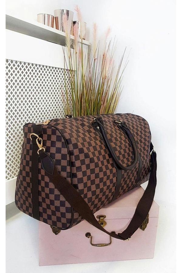 Indigo Checked Print Overnight Bag - Coffee