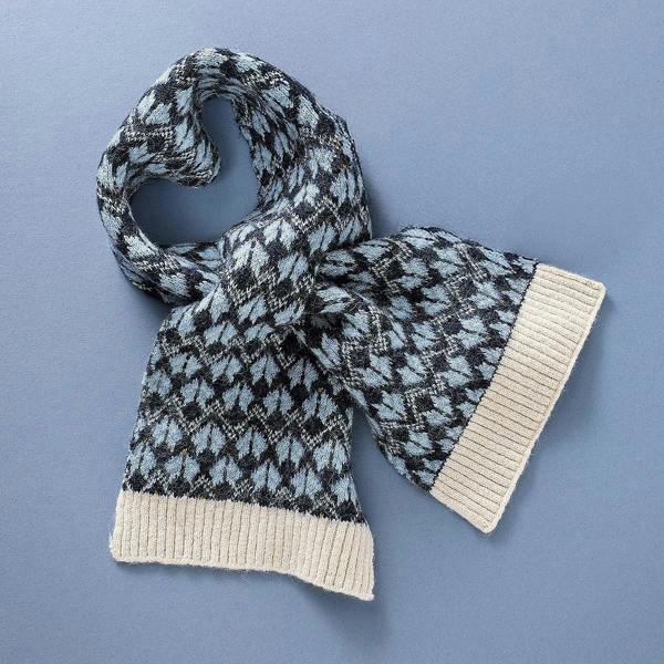 Pia Knit Tippet Scarf, Navy Geometric Winter Scarf with Ecru Ends