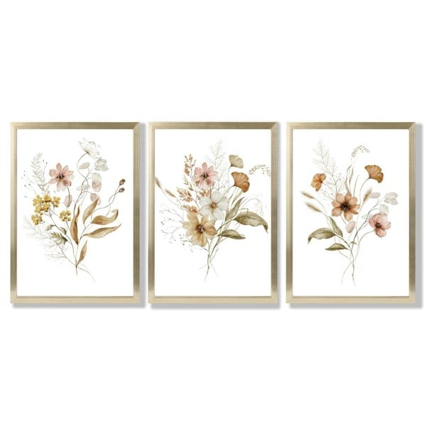 Autumn Wild Flower Bouquets Set of 3 Framed Art Prints with Gold Wood Frames