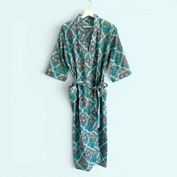 Hayley & Co Teal Ditsy Floral Print 100% Cotton Block Print Dressing Gown